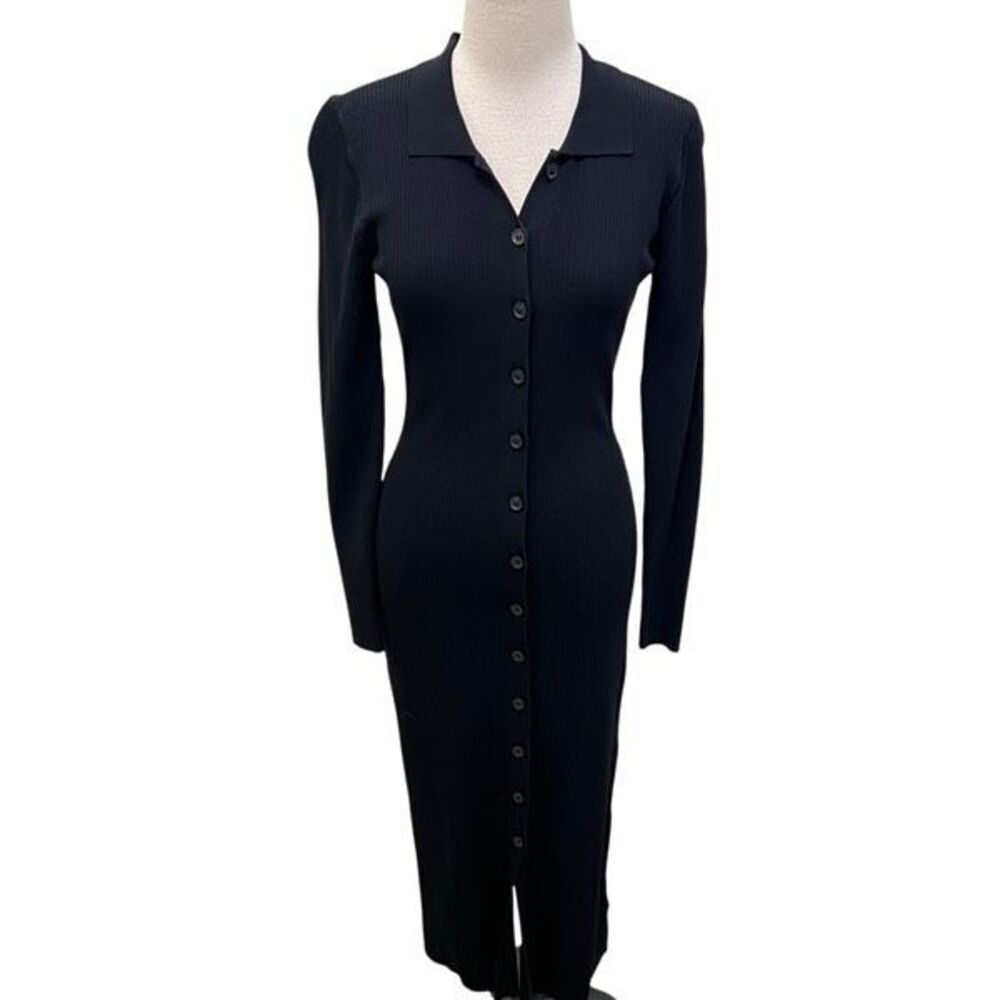 The Drop Women's Jaxon Button Down Ribbed Collared Sweater Dress Black Sz Small